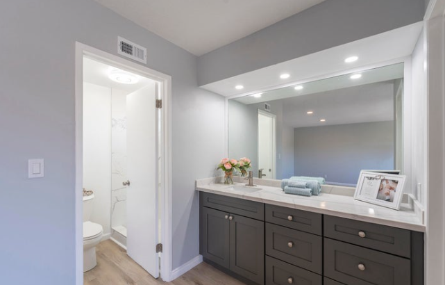 Bathroom with dark gray vanity, white countertop, and large mirror. To the left is a toilet room with a closed door. The bathroom has recessed ceiling lights and gray walls.