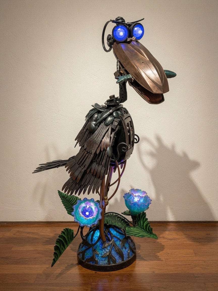 A metal sculpture of a bird with blue eyes, standing on a decorative base with illuminated flowers and green leaves.