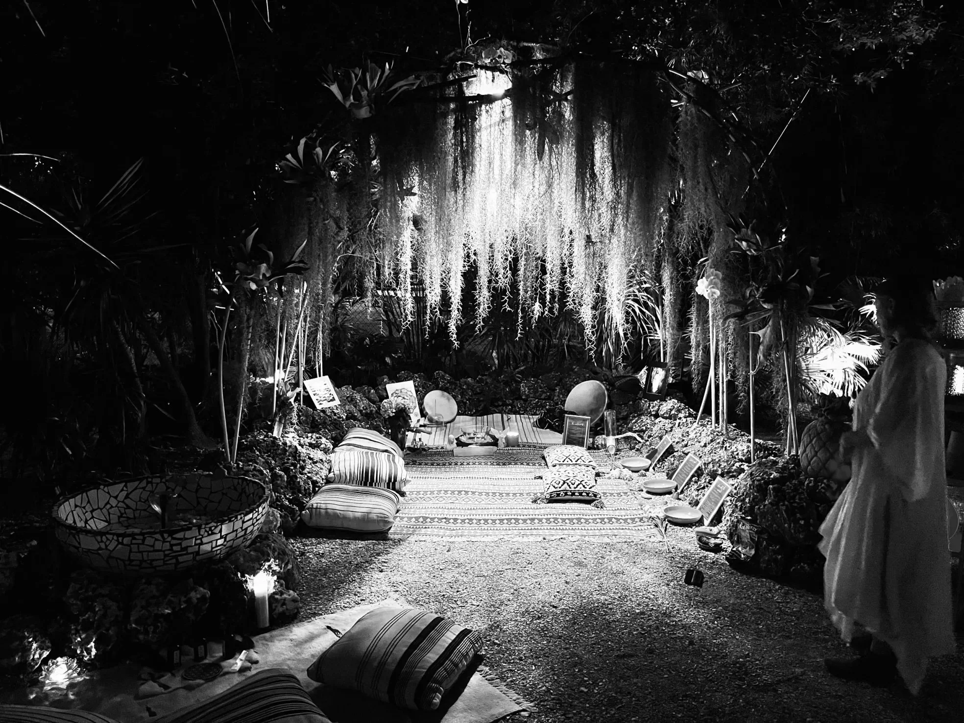 A nighttime outdoor scene featuring hanging Spanish moss, various plants, and cushions on the ground, with some people and informational signs present.