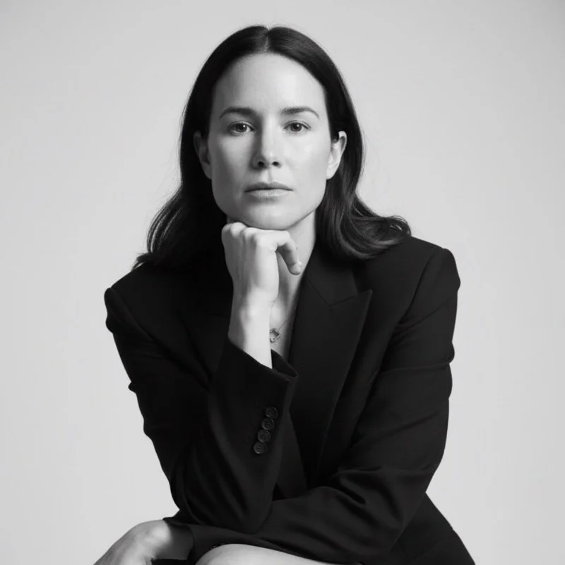 Black and white portrait of a woman with dark hair, wearing a blazer, sitting with her chin resting on her hand against a plain background.