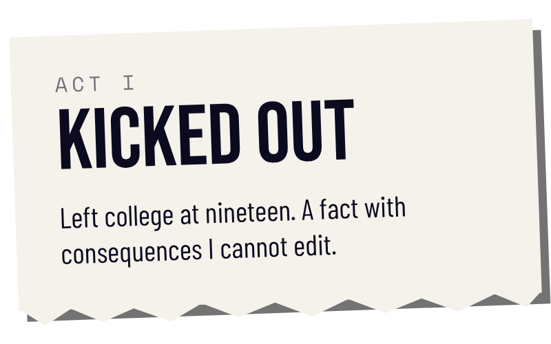 Graphic reading "Act I: Kicked Out: Left college at nineteen. A fact with consequences I cannot edit."