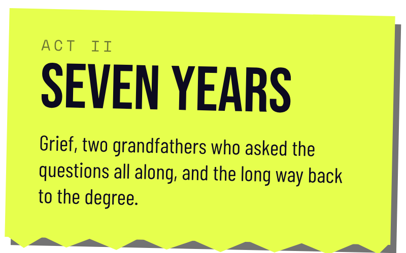 Graphic reading: "Act II: Seven Years: Grief, two grandfathers who asked the questions all along, and the long way back to the degree."