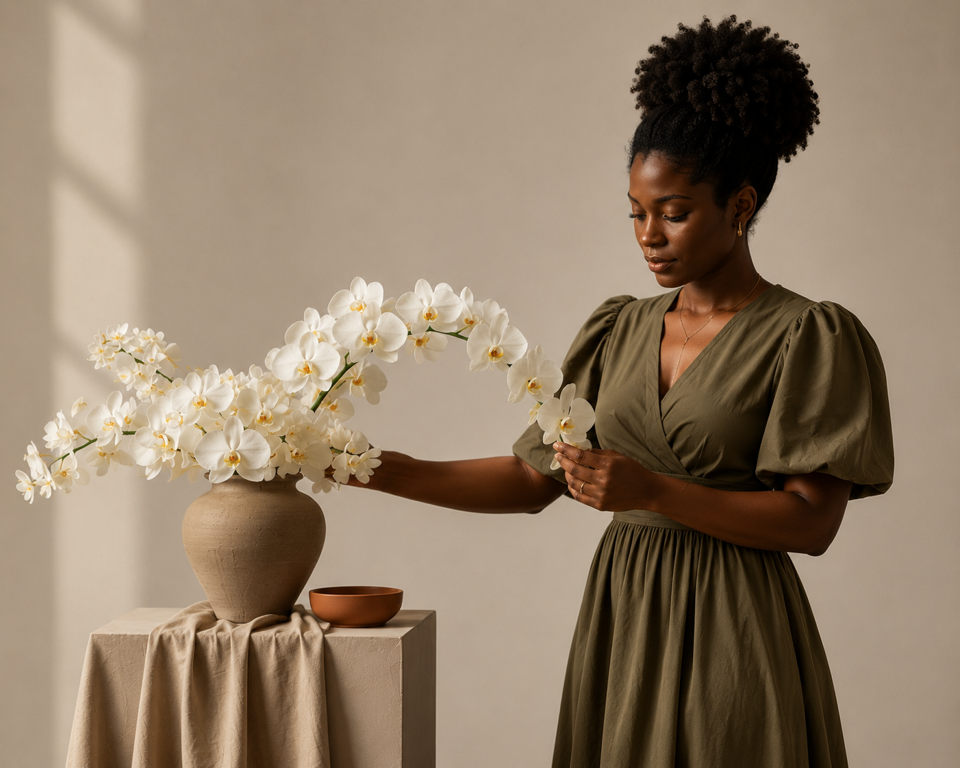 A woman with dark skin and curly hair styled in a high puff, wearing an olive-green dress with puffed sleeves, standing next to a beige pedestal with a large beige ceramic vase filled with white orchids. She is holding a single orchid in her hand and looking down thoughtfully.