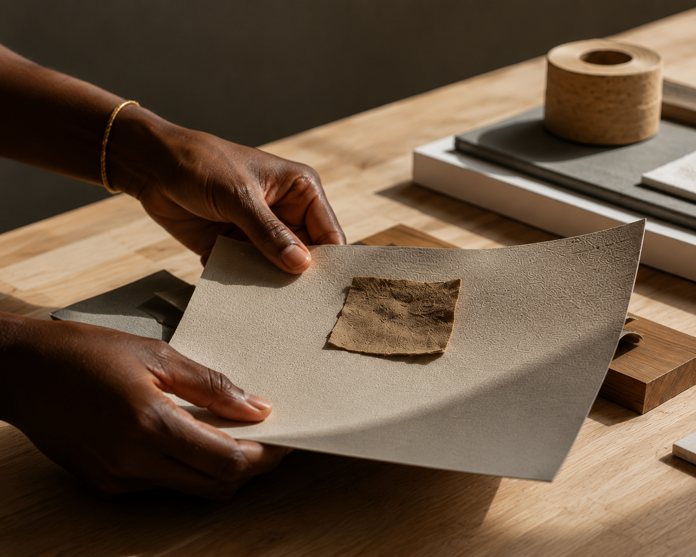 A person holding a textured beige material sample on a table with other material samples and samples of wood and stone.