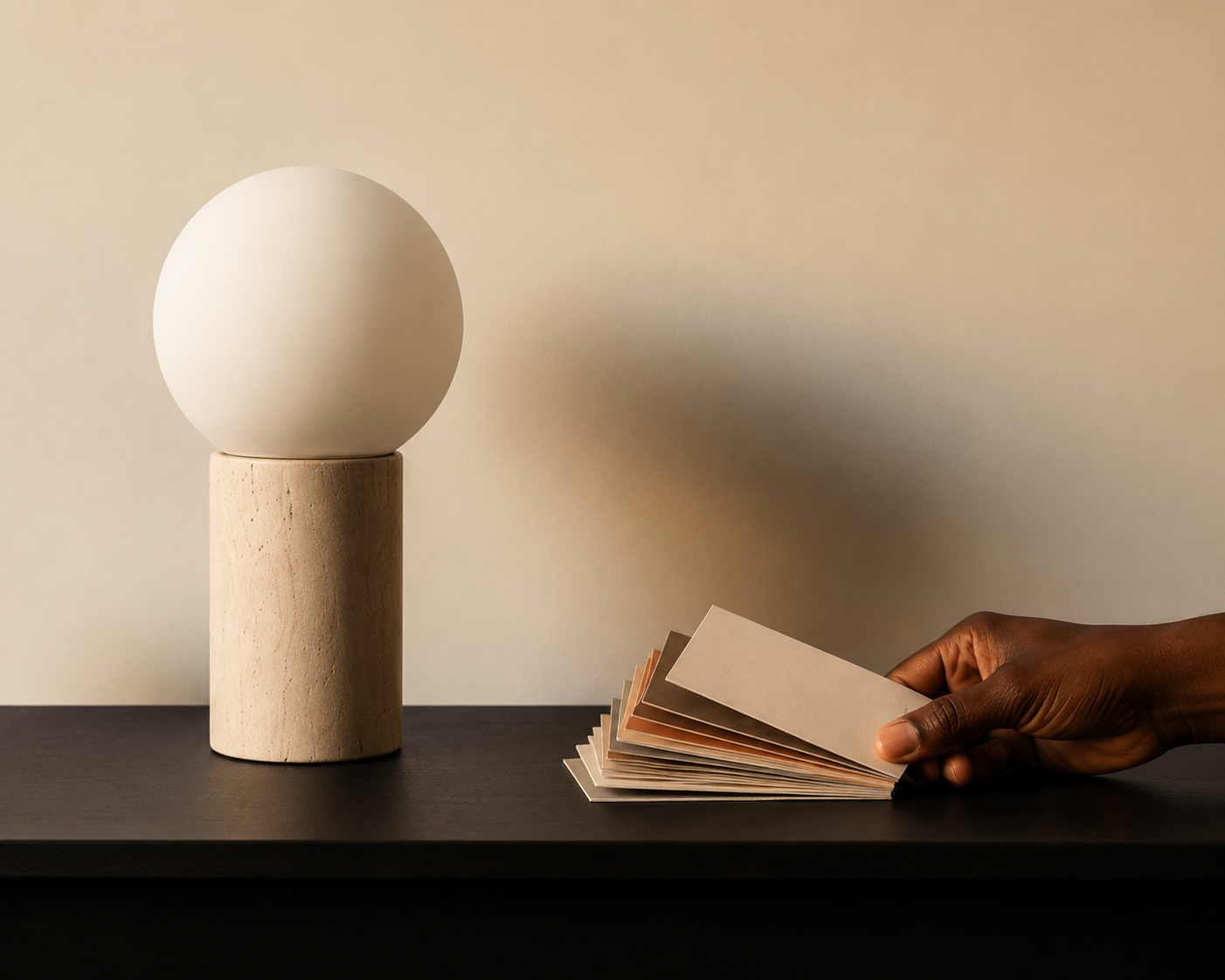 A person with dark skin holding a fan of beige and taupe cards or swatches on a dark table, with a minimalist lamp consisting of a wooden base and a spherical white shade casting a shadow on a beige background.
