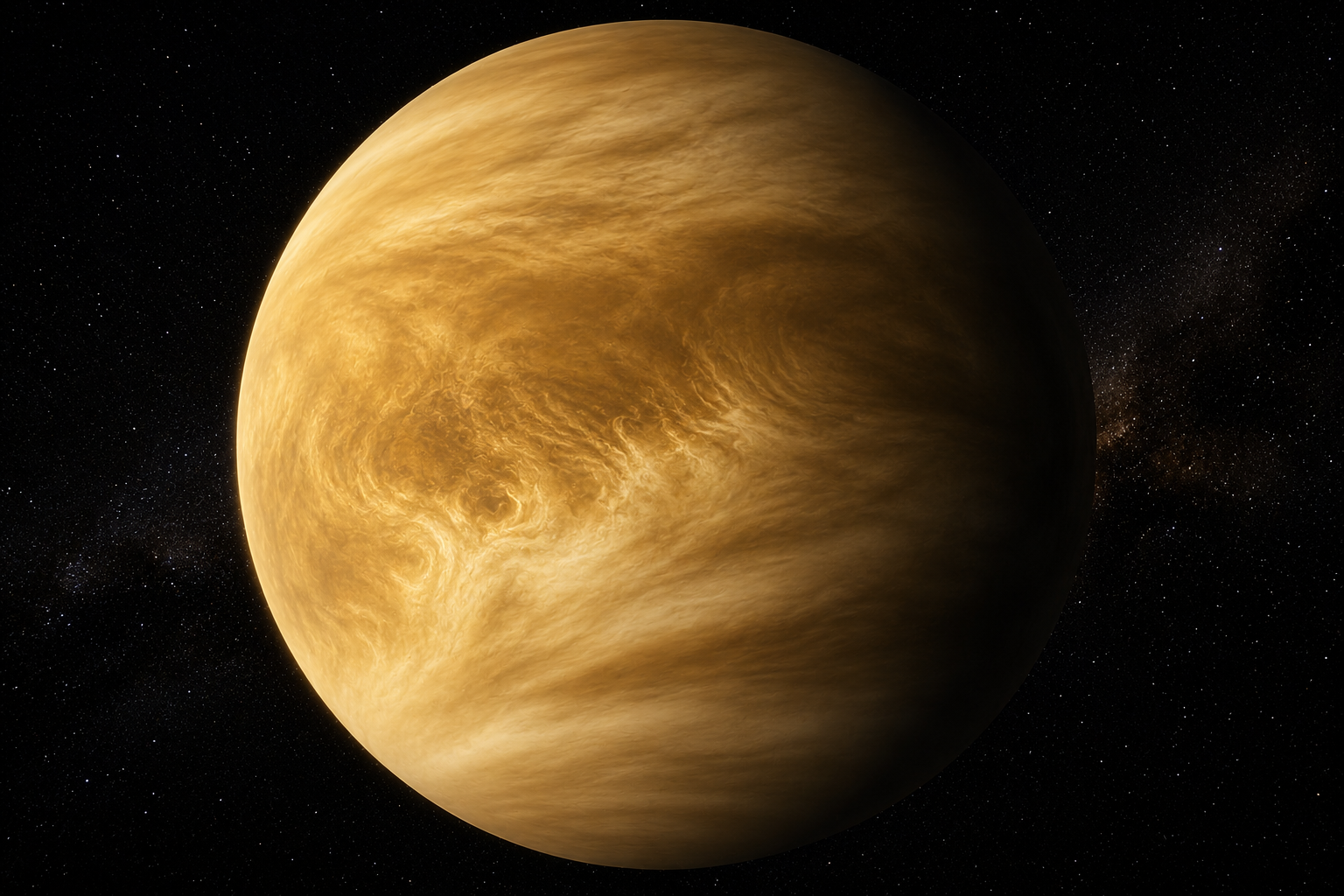 The planet Venus with a thick atmosphere, viewed against the backdrop of space and stars.
