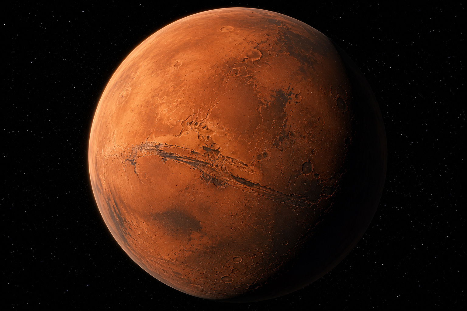 A detailed image of the planet Mars showing its reddish surface with craters, large canyon, and various surface features, set against the black backdrop of space with distant stars.