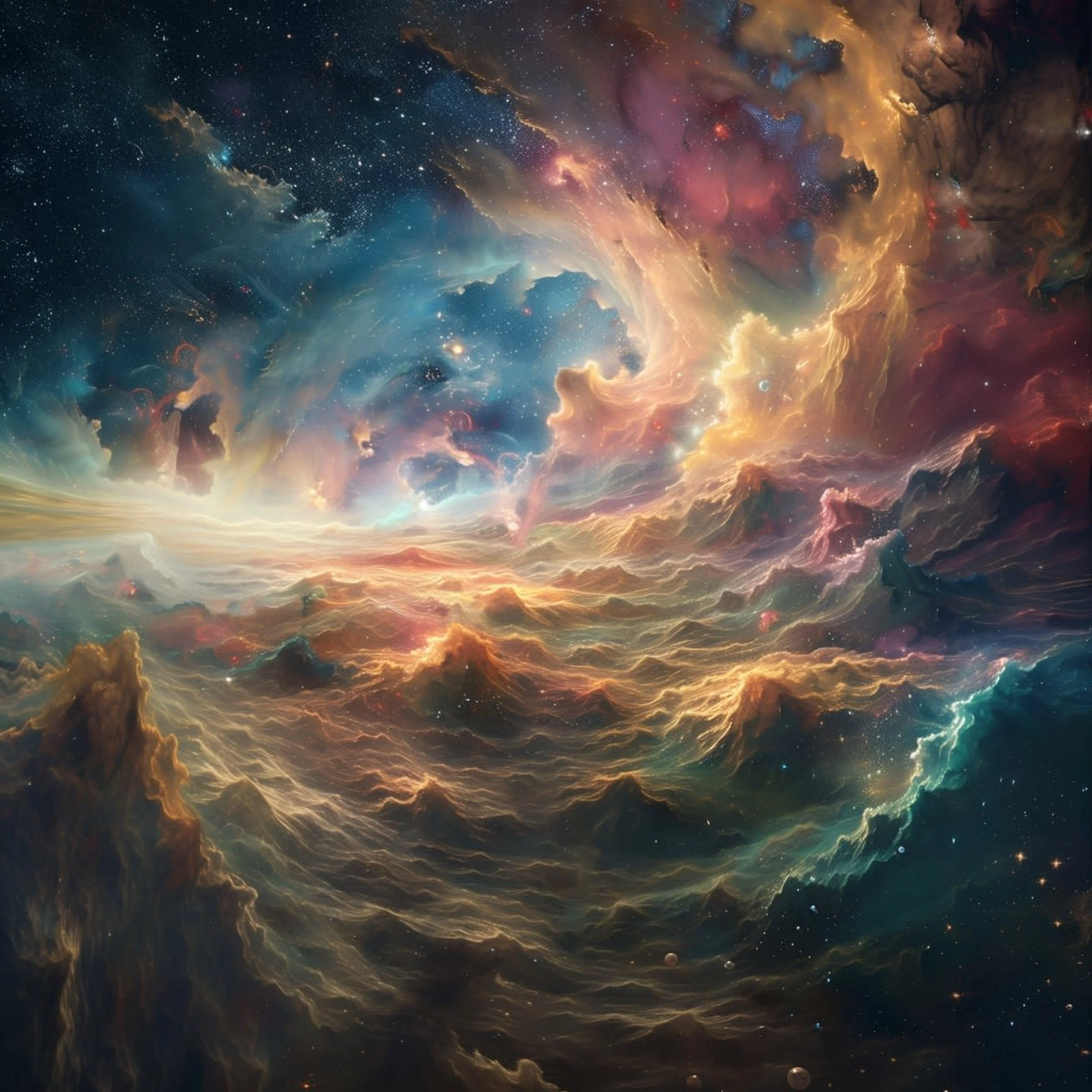 A colorful image of outer space showing stars, nebulae, and cosmic clouds with vibrant hues of orange, blue, pink, and green.
