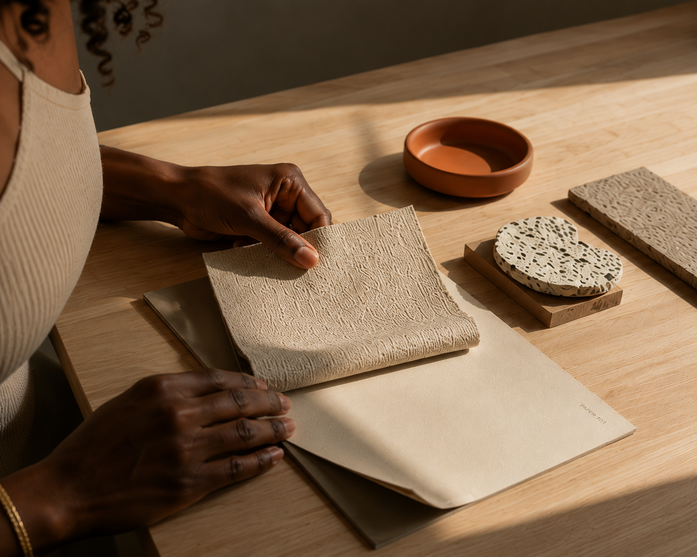 Person examining textured tile samples on a wooden table, with a small terracotta bowl and a patterned stone sample nearby.