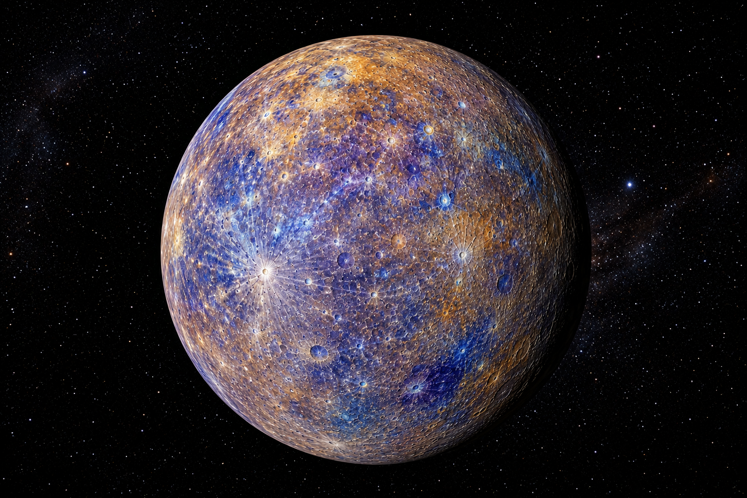 A detailed artist's rendering of the planet Mercury against a starry black space background.