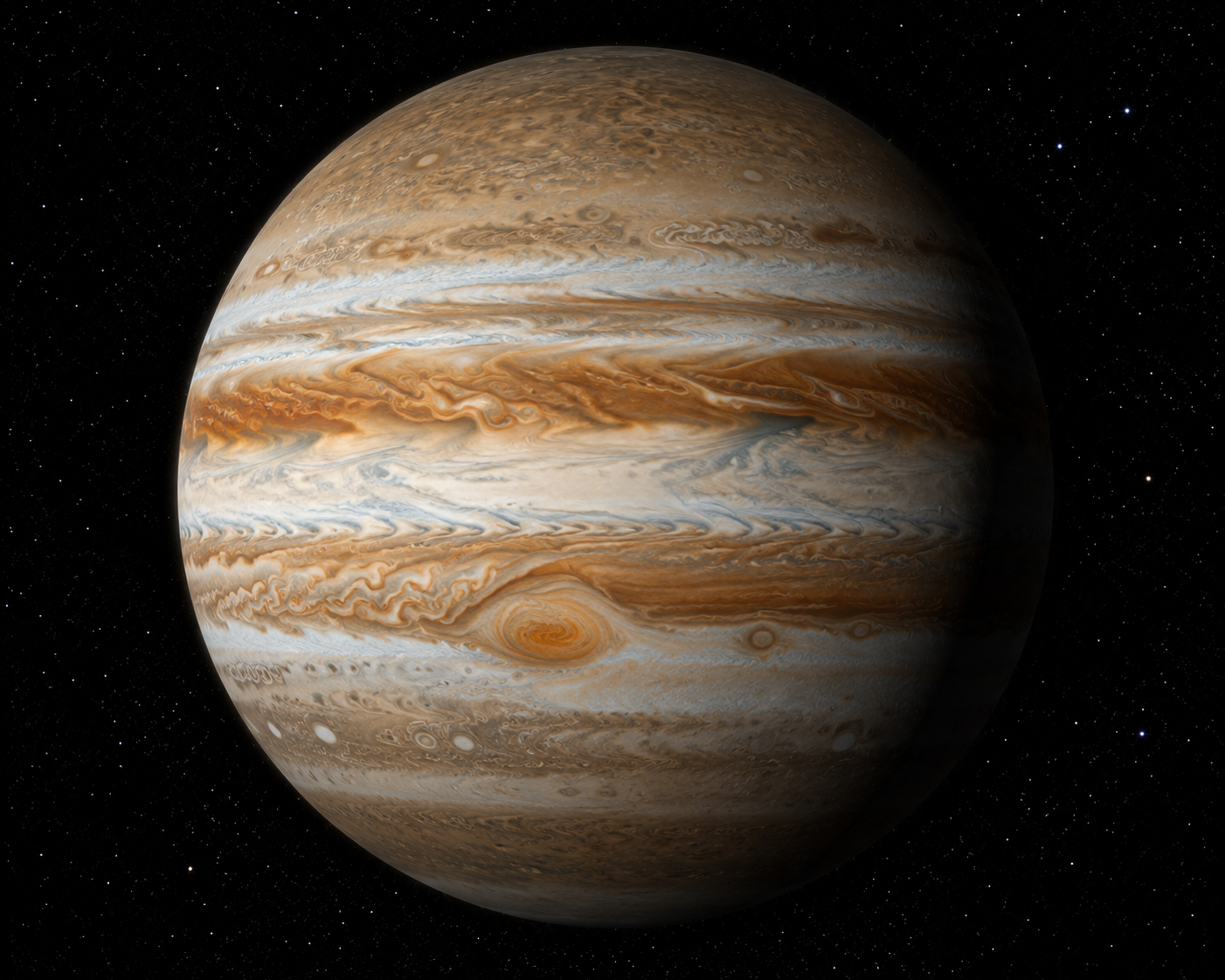 Image of the planet Jupiter with swirling clouds and storms, set against a starry background in space.