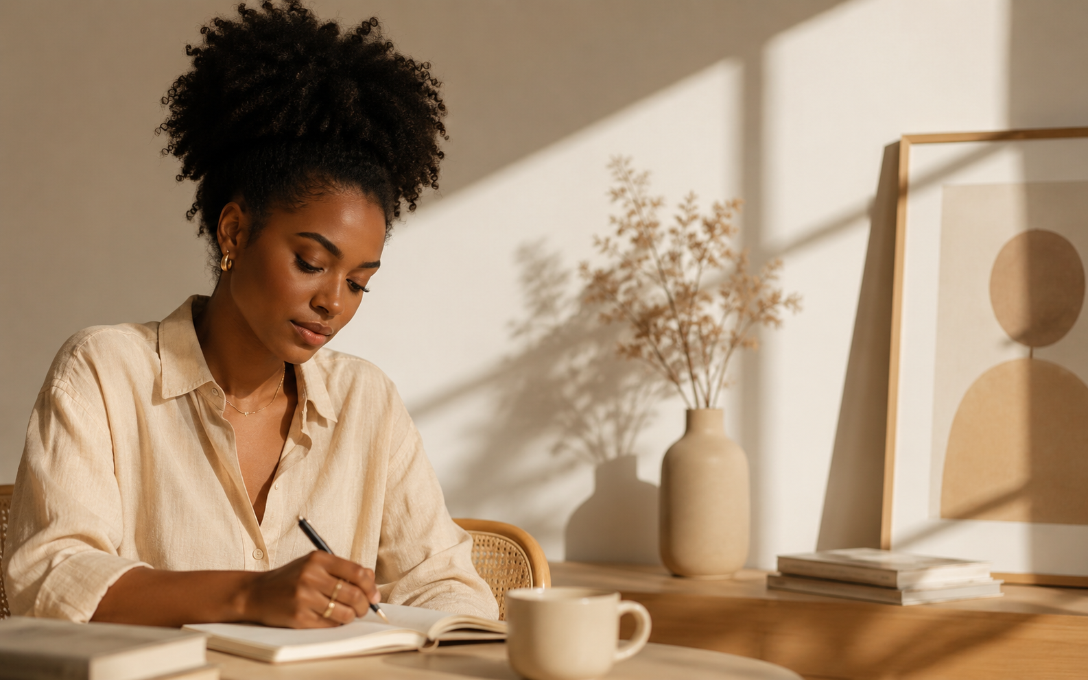 A woman with curly hair writing in a notebook at a desk, with a mug and stacked books nearby, in a warmly lit room with minimalist decor.