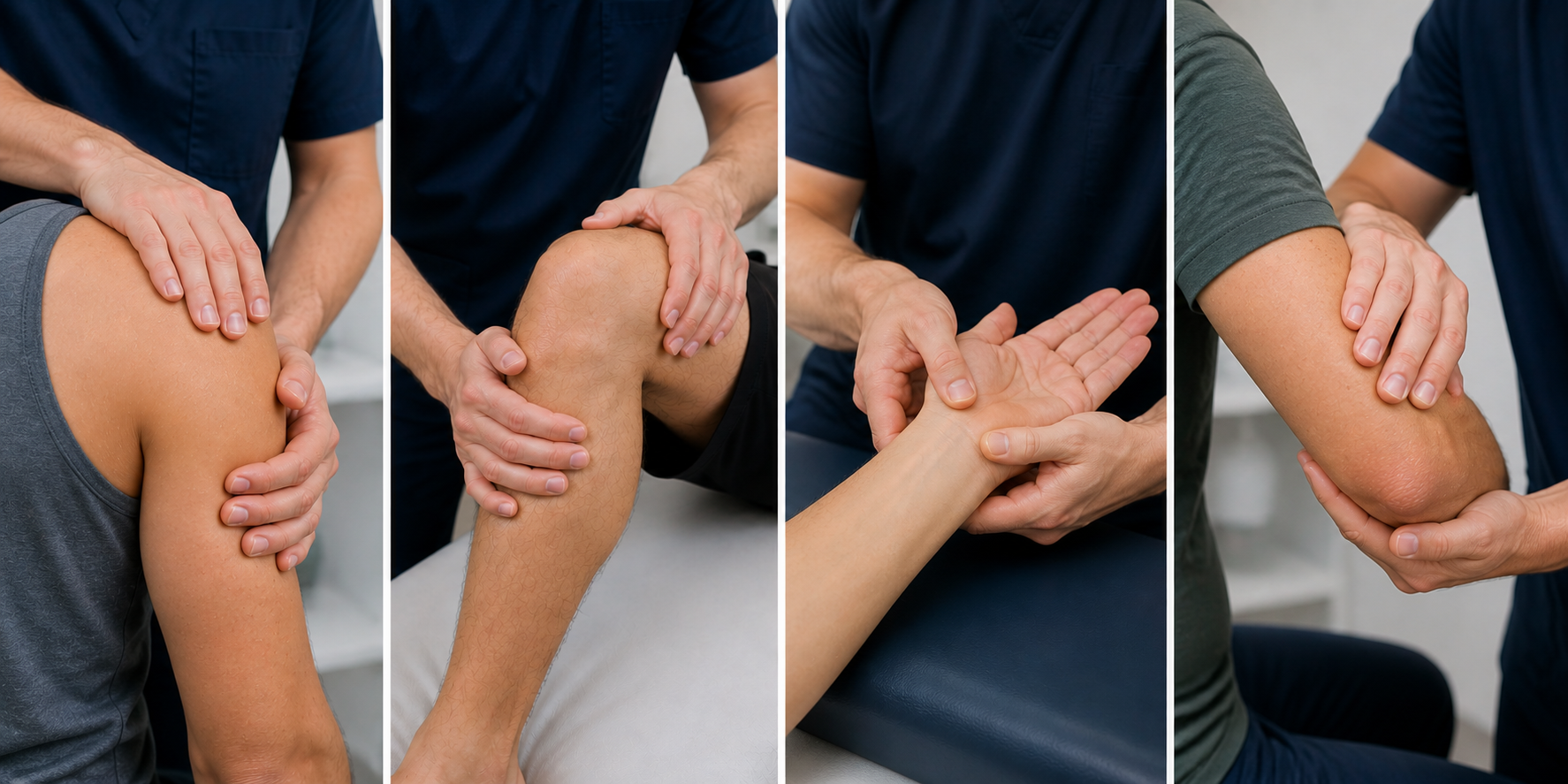 Series of four images showing different manual therapy techniques on patients' knees and elbows by healthcare professionals.