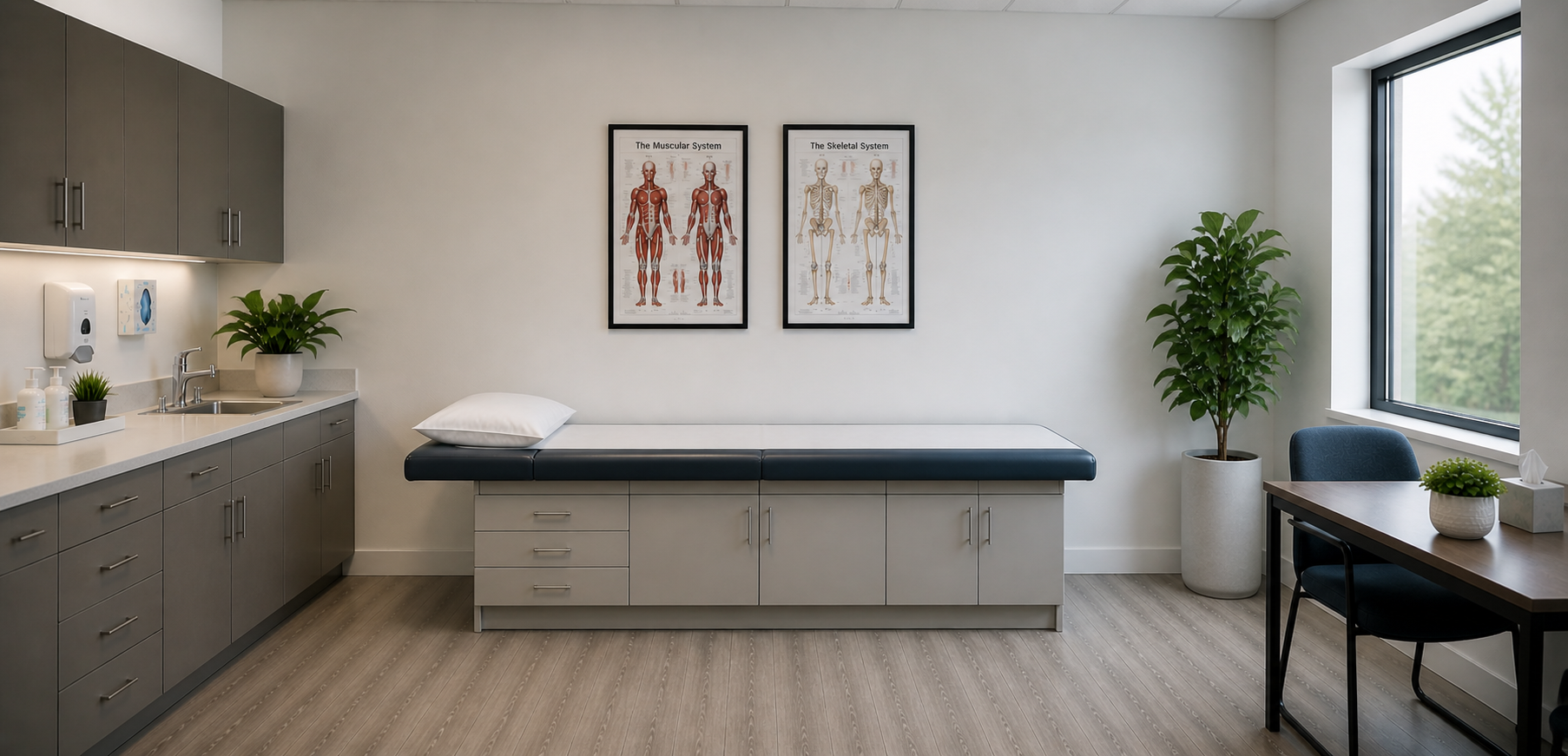 Medical examination room with a patient table, two anatomical posters on the wall, and a window with green trees outside.