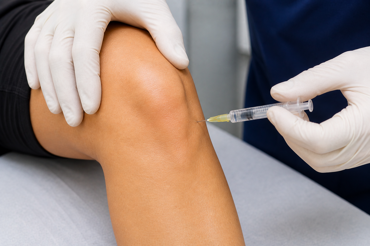 A person receiving a knee injection from a medical professional wearing gloves.