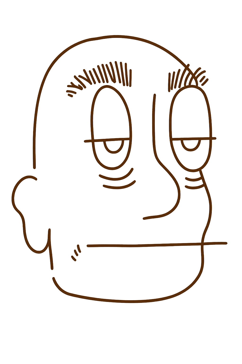 Neon sign of a cartoonish face with half-closed eyes and unshaved beard against a brown background.