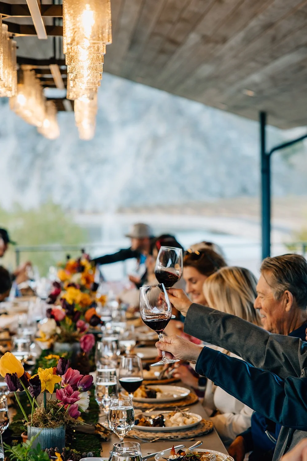 People celebrating at a dinner party, raising glasses of red wine with a decorated table and a mountain landscape in the background.