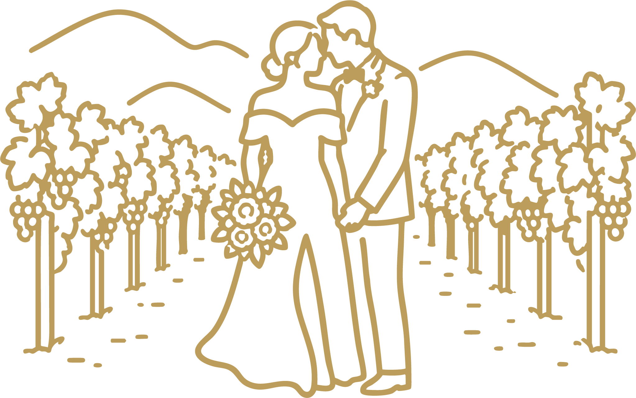 Line art illustration of a couple kissing in a garden with trees and mountains in the background.
