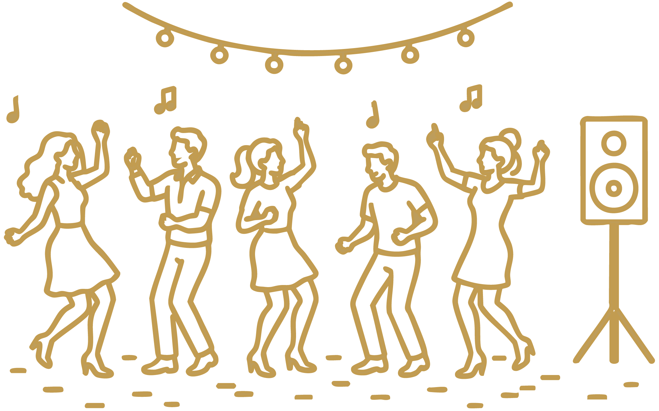 Illustration of people dancing at a party with string lights overhead and a speaker on the right.