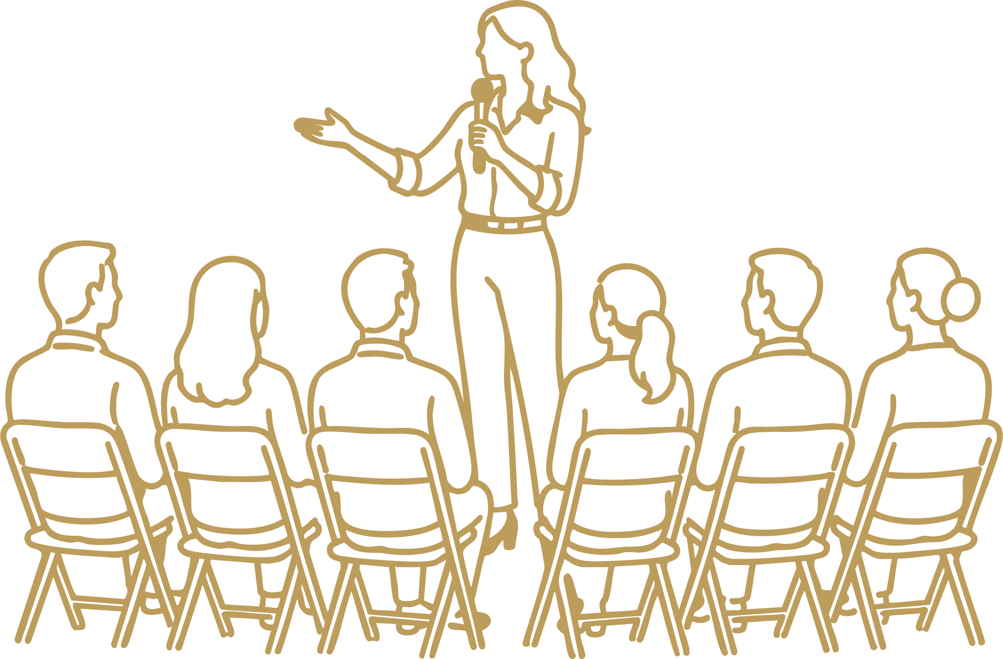 Illustration of a woman standing and speaking to a group of people seated in chairs, with her right arm extended outward, in a presentation or speech setting.