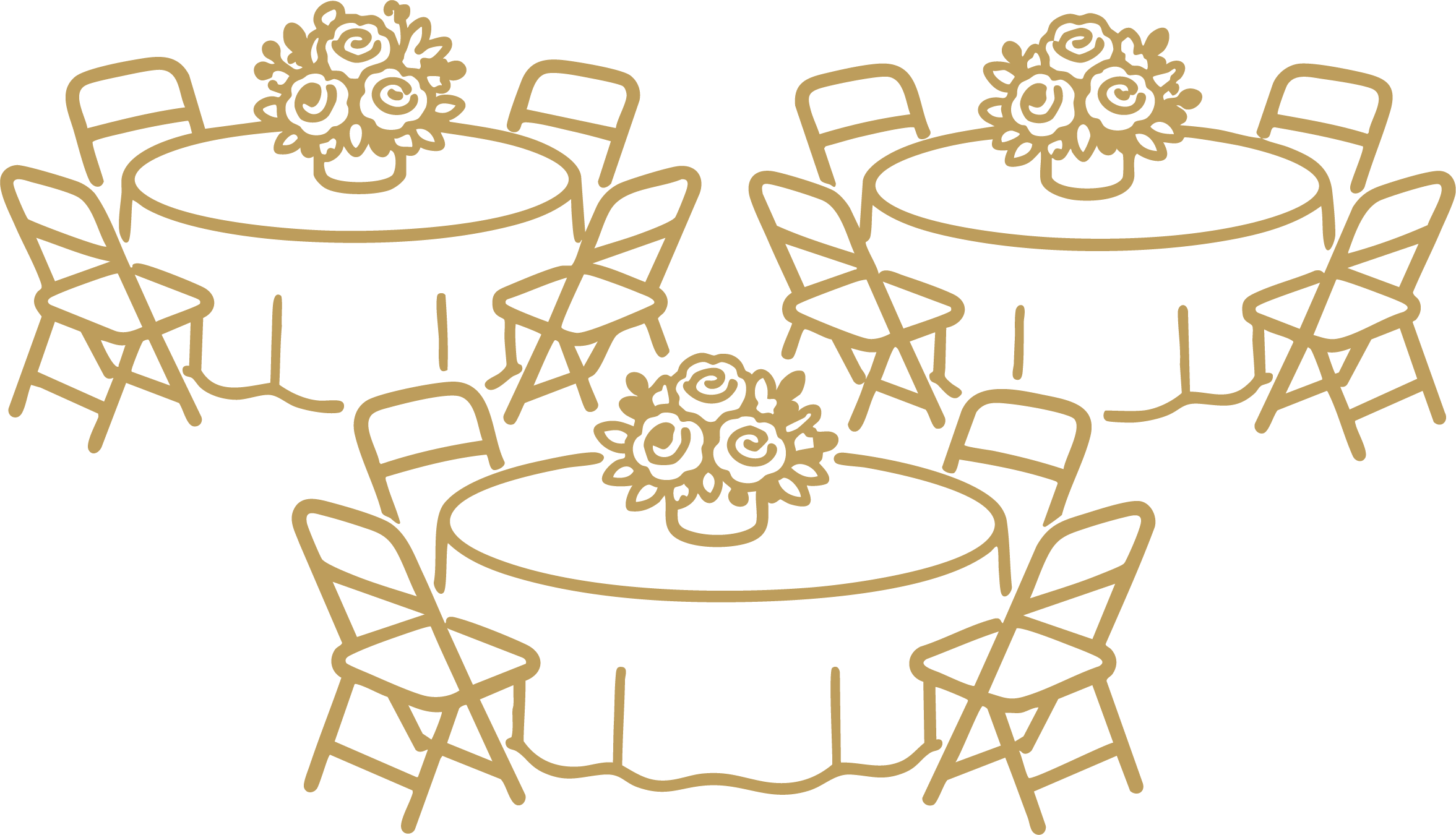 Outline of a decorative floral pattern with interconnected flowers and leaves in a gold color on a black background.