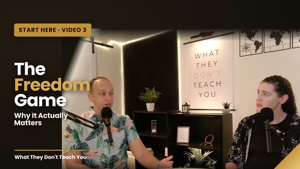 Two people sitting with microphones in a studio, having a discussion. The left person is wearing a floral shirt, and the right person is in a black shirt with floral patterns. The background features a wall with a world map and decor, including a framed quote that says 'What they don't teach you.'