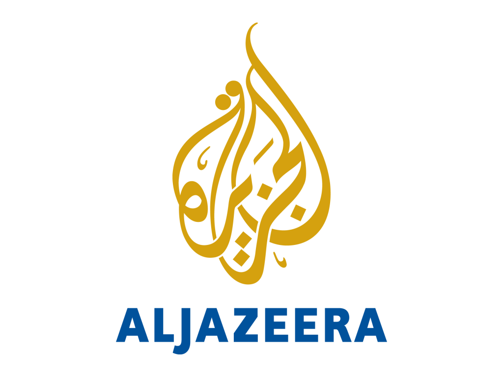 Al Jazeera logo with gold calligraphic design above the blue text 'ALJAZEERA.'