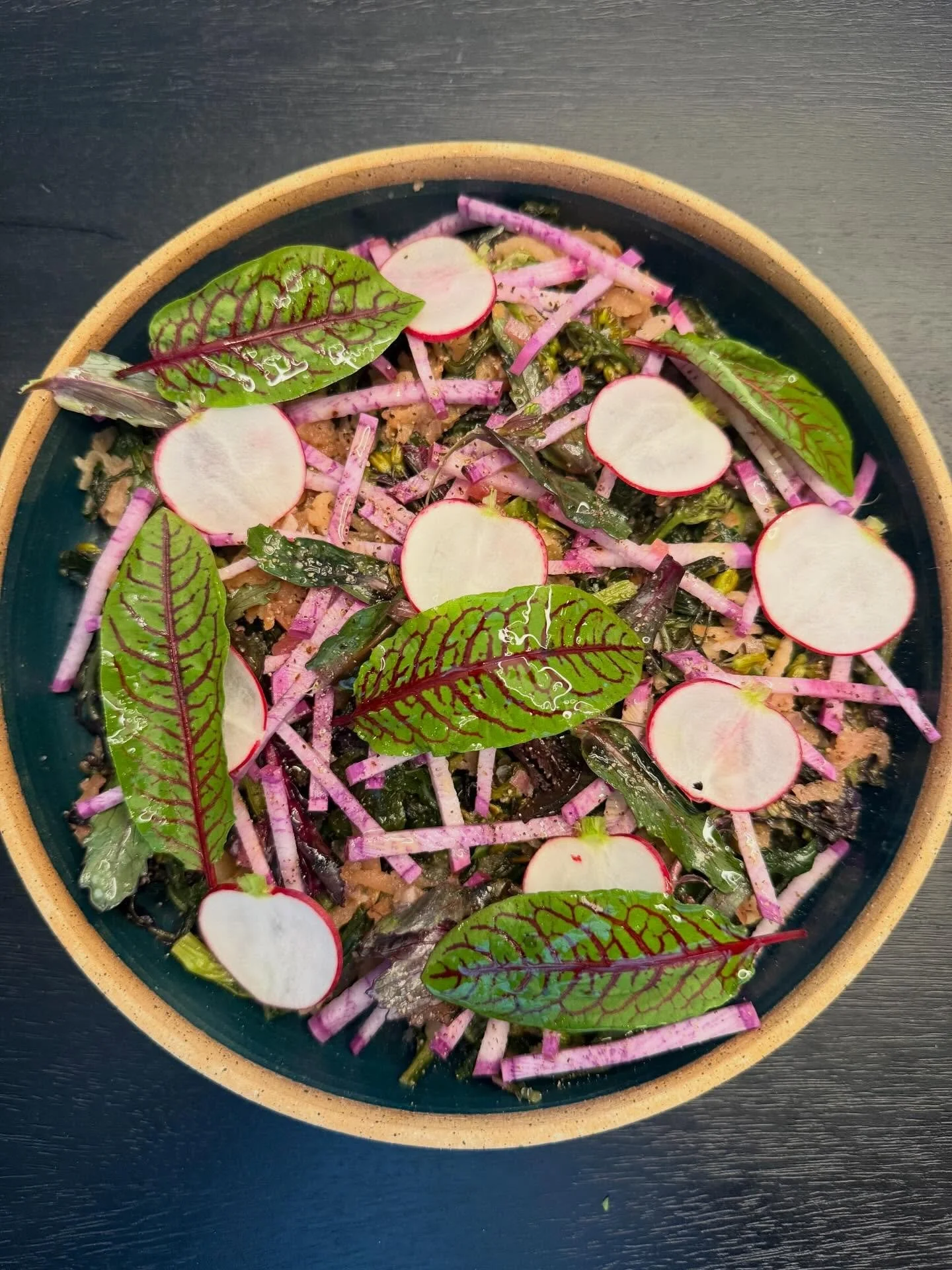 Braised Red Cabbage Raabe cooked down with apples and white balsamic, Purple Daikon, and Red Ribbon Sorrel #spring #vegtetables #bayarea #bac