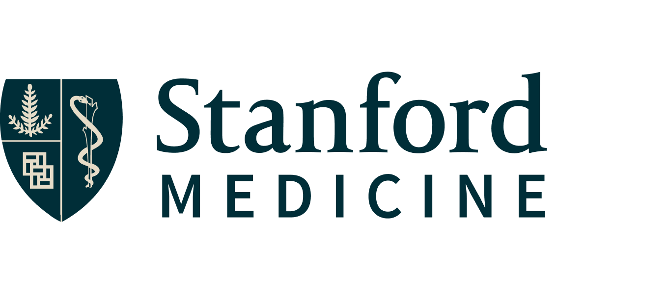Stanford Medicine logo: a dark teal shield emblem featuring a redwood branch, a caduceus, and a geometric symbol, alongside the words 'Stanford MEDICINE' in dark teal