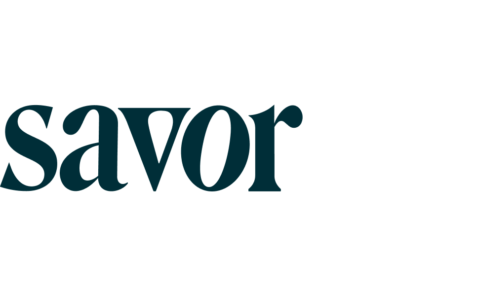Savor wordmark in dark teal serif type, lowercase