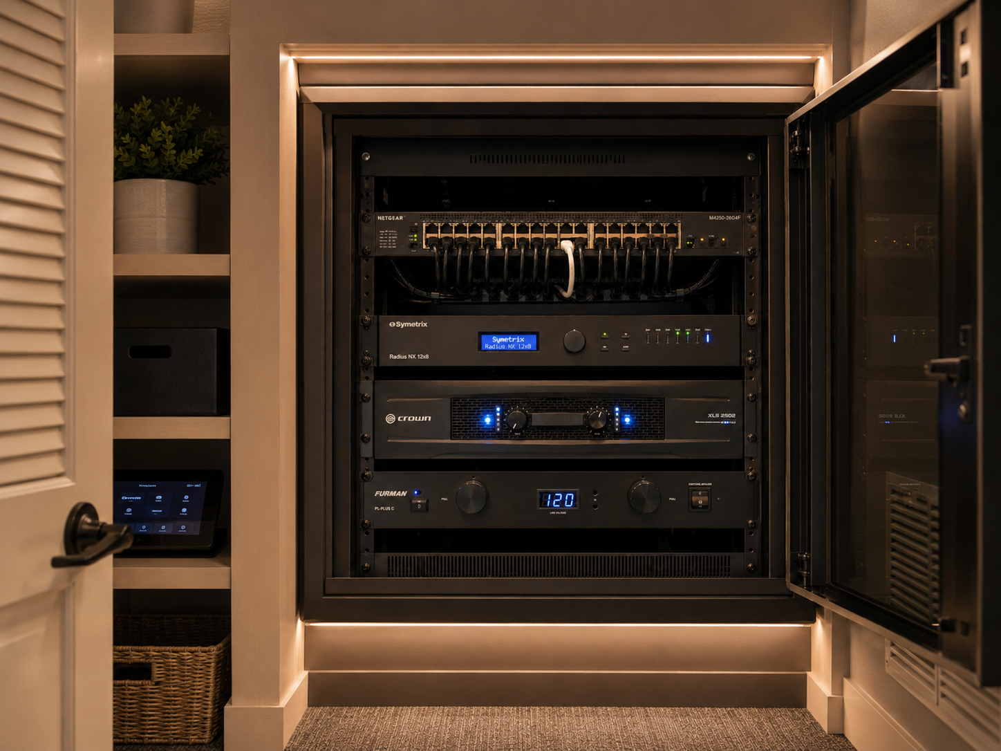 A server or network equipment rack with various electronic devices, including a network switch, a radio device, an amplifier, and control panels, set in a professional office or server room.