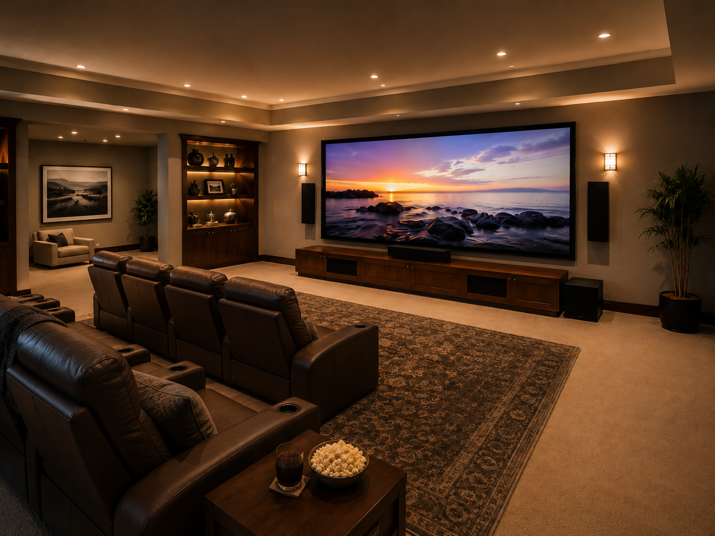 Luxurious home theater room with leather seating, a large screen showing a sunset over a rocky shoreline, and ambient lighting.