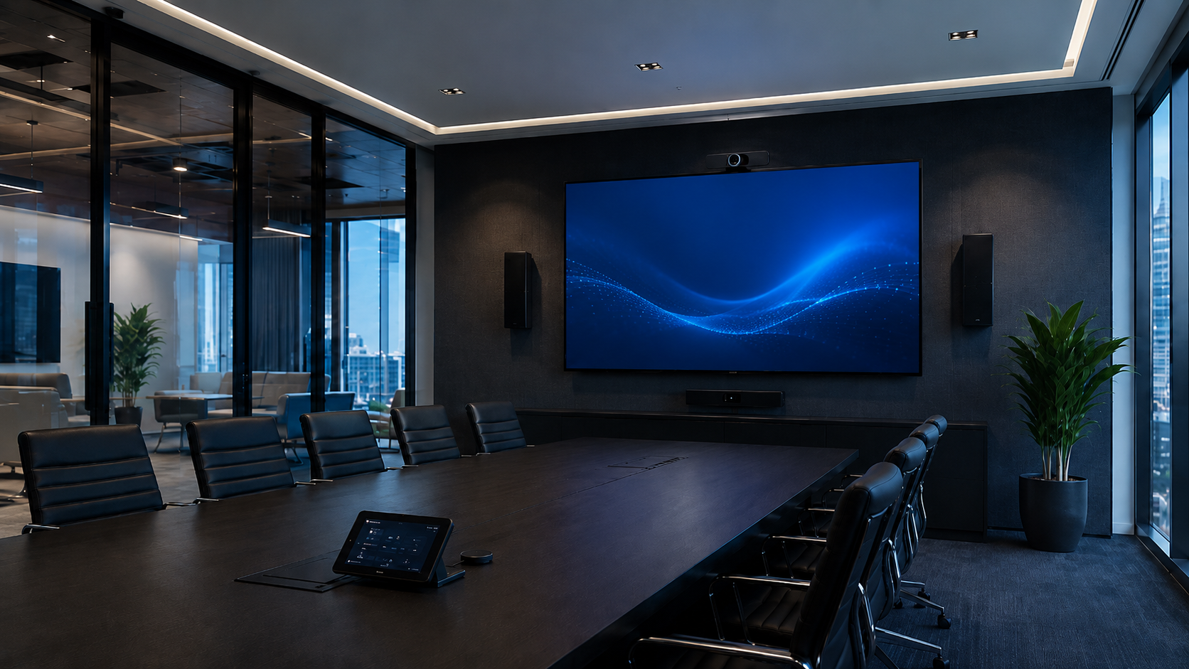 Modern conference room with a large wall-mounted screen, black leather chairs around a dark wooden table, potted plants, and city views through large windows.
