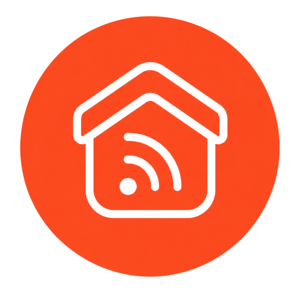 Icon of a house with Wi-Fi and signal waves inside, on an orange circular background.