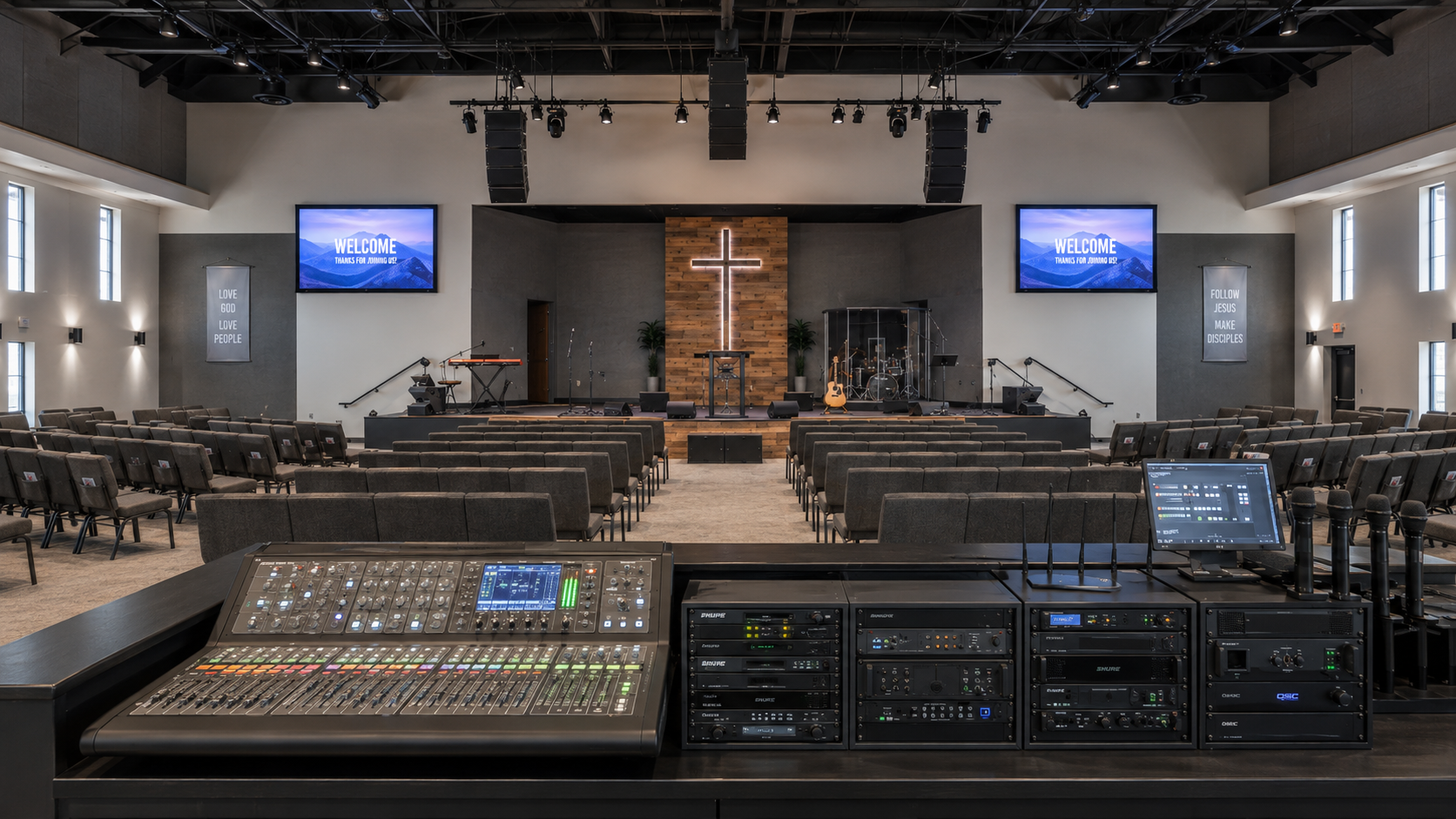 View of a church auditorium with a stage and musical equipment, including microphones, drums, and guitars. A large illuminated cross is centered on the wooden backdrop on the stage. Two television screens display a welcome message. The auditorium has rows of chairs and tall windows on each side, with banners that have religious messages on the walls. The foreground shows sound and lighting control equipment.