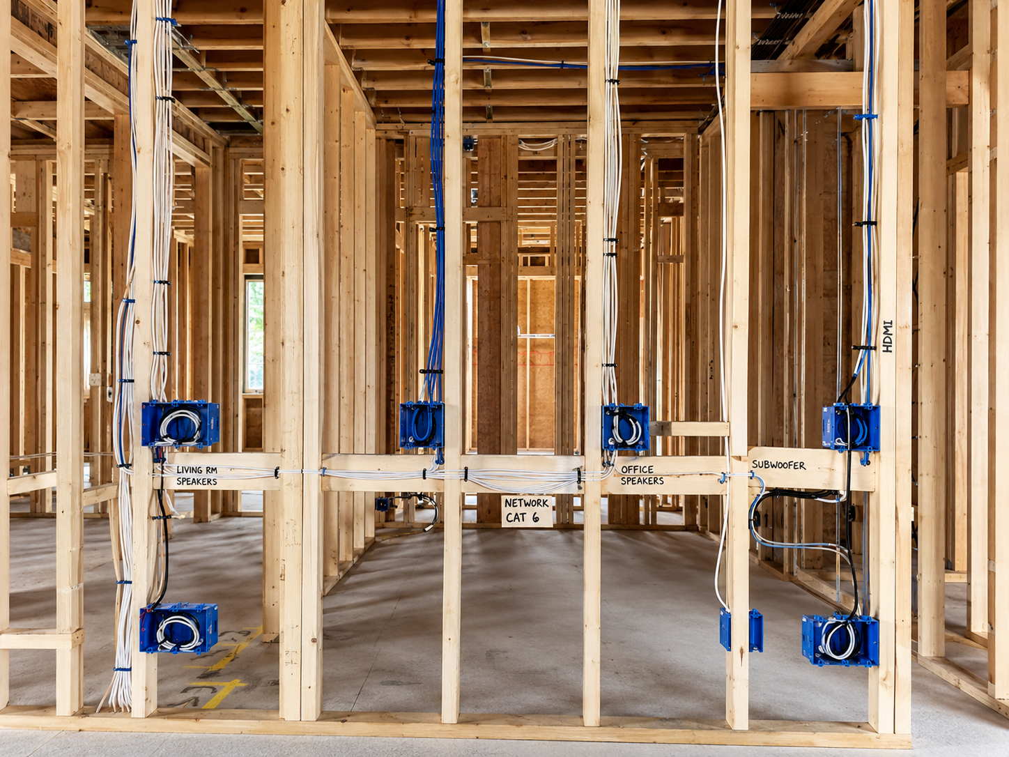 Interior view of a house under construction with visible wooden framing and wiring for electrical outlets, outlets labeled for living room, office, and subwoofer, with a network cable labeled CAT 6.