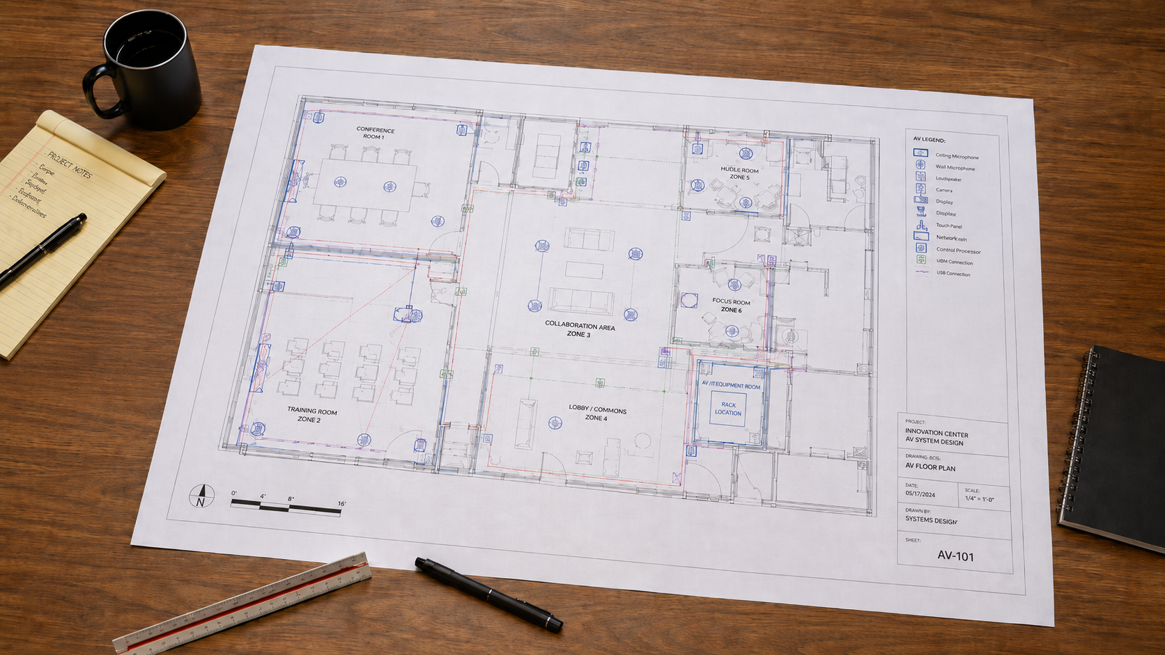 A detailed architectural floor plan of an innovation center on a large sheet of paper, laid on a wooden desk with black mug, yellow notepad, pen, black spiral notebook, a ruler, and some pens.