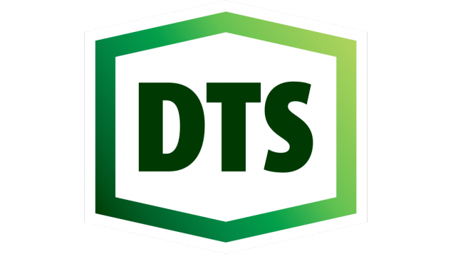 The DTS logo in green and white with a shield shape background.