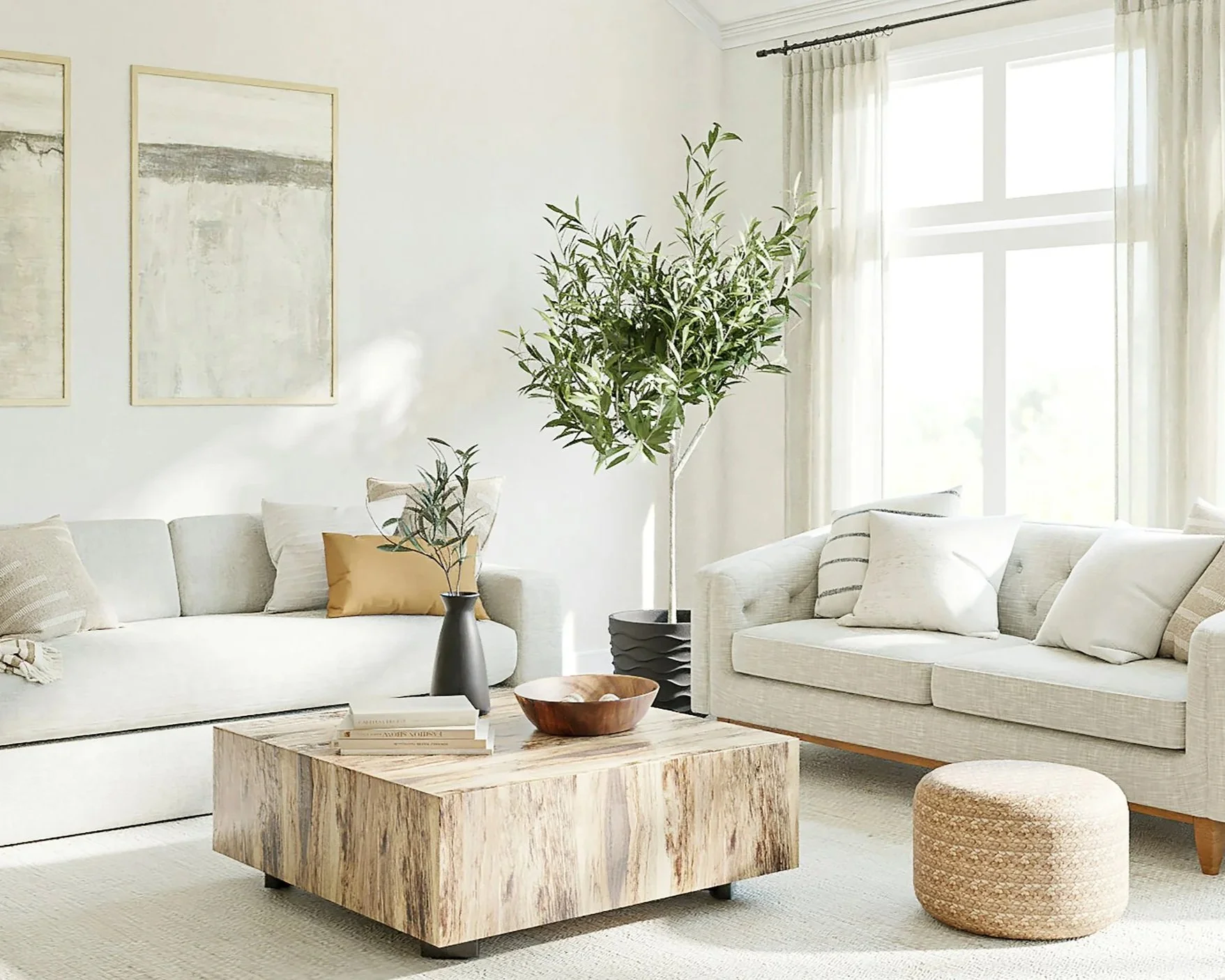 Living room with two cream-colored sofas, a large potted plant between them, a wooden coffee table with books and a bowl, cream curtains, abstract artwork on the wall, and sunlight coming through large windows.