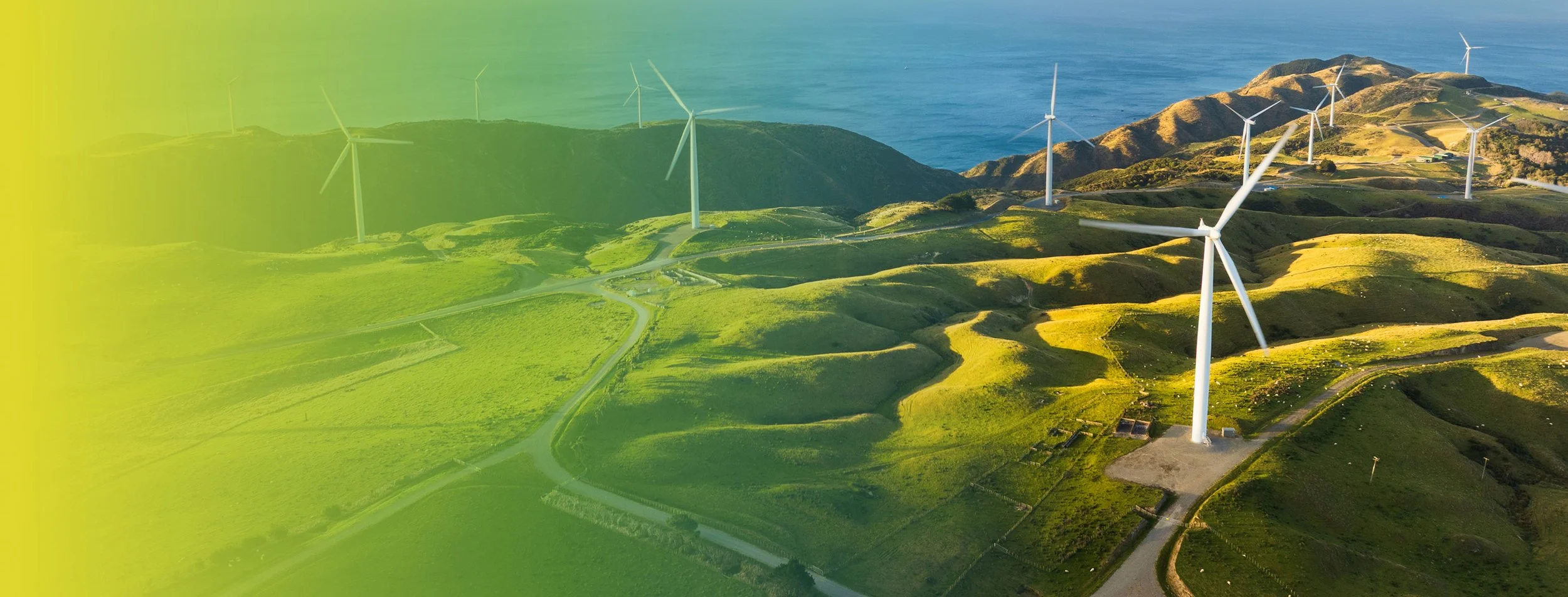 Aerial view of green hilly landscape with multiple white wind turbines near the ocean, under a clear sky.
