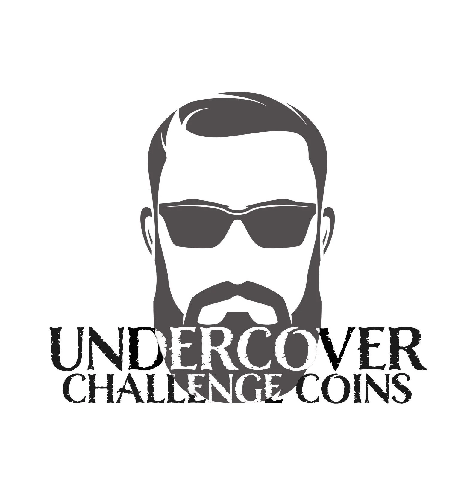A graphic image of a man's face with a beard, slicked-back hair, and sunglasses, accompanied by the text "UNDERCOVER CHALLENGE COINS" beneath it.