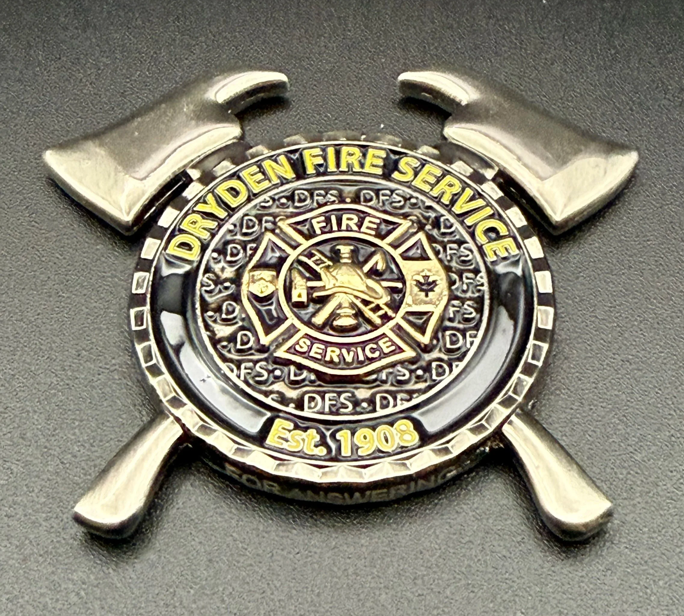 Dryden Fire, Custom Shape, Years of Service, Calls for Service, Custom Text, Glow Enamel