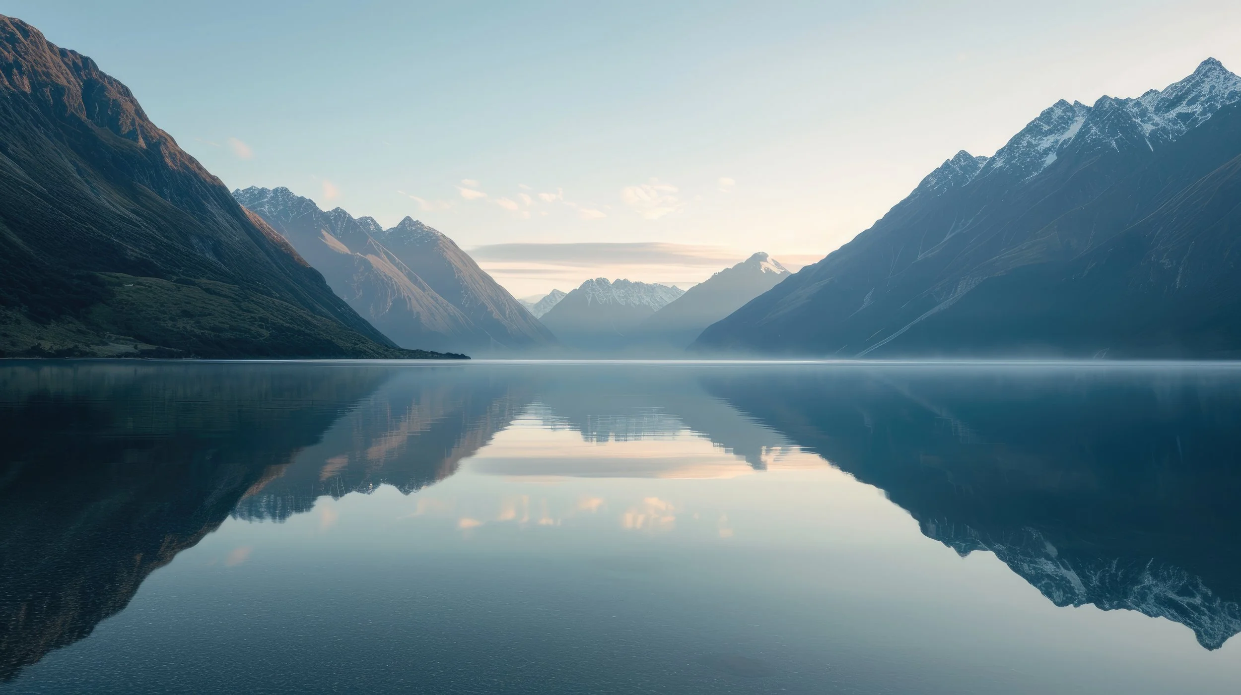 A calm body of water reflecting surrounding snow-capped mountains and a clear sky at sunrise or sunset.