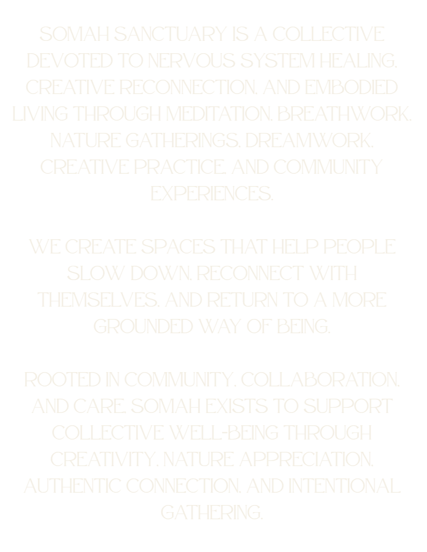 Text on black background explaining the mission of Somah Sanctuary, focusing on healing, meditation, community, and nature connection.