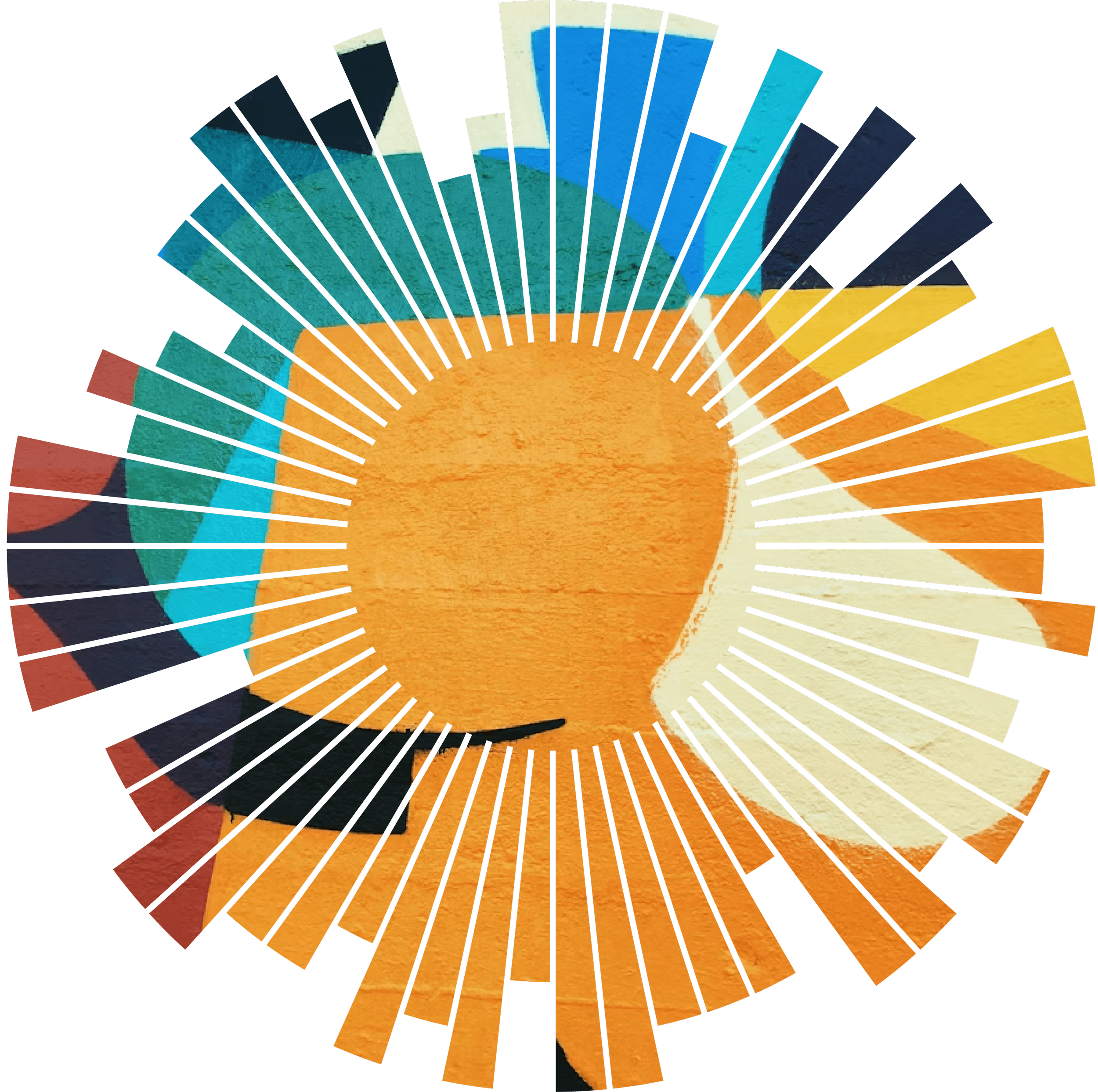 A colorful abstract artwork composed of a central orange circle, surrounded by layers of textures and shapes in blue, yellow, green, black, and red, with radiating black lines.
