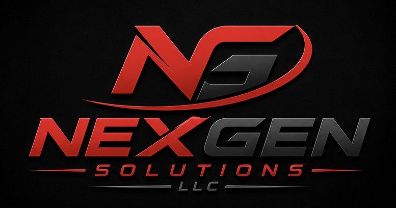NexGen Solutions LLC logo in red and gray text against a black background.
