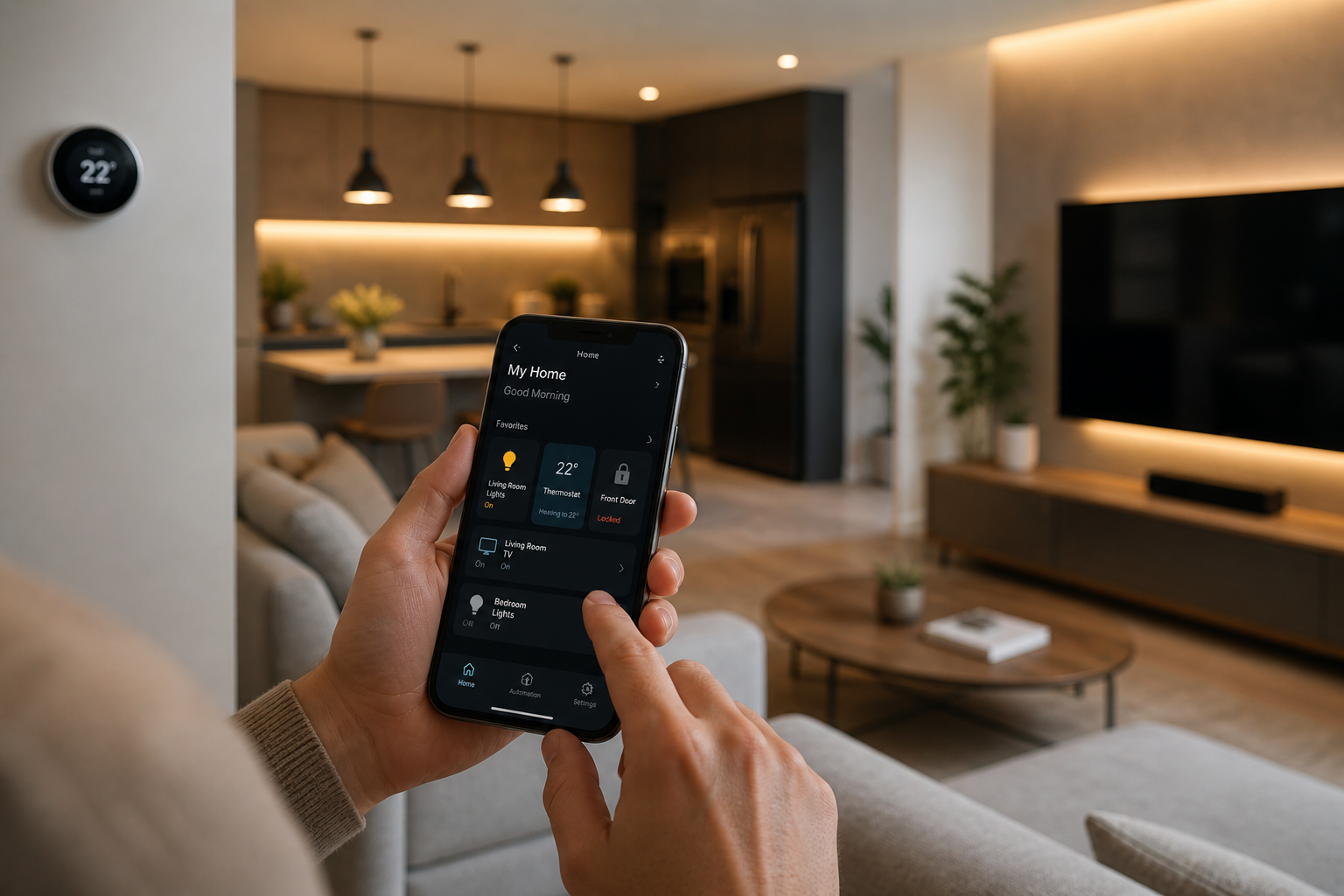Person holding a smartphone with a smart home app in a modern living room.