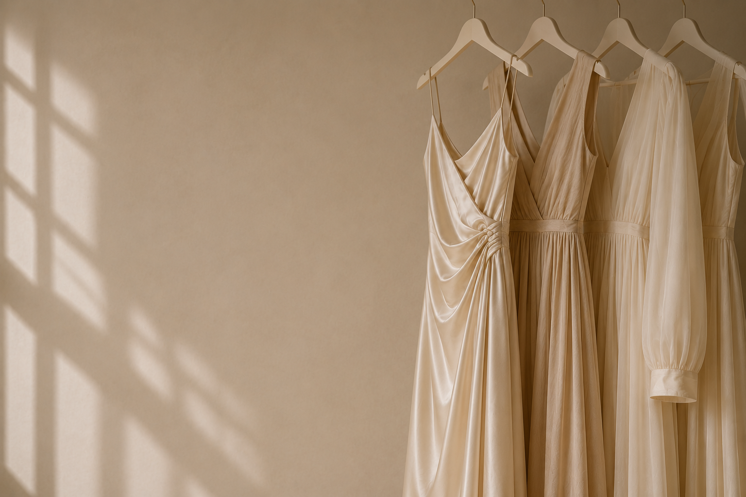 Four elegant cream-colored dresses hanging on white hangers against a beige wall, softly lit with shadows on the left.