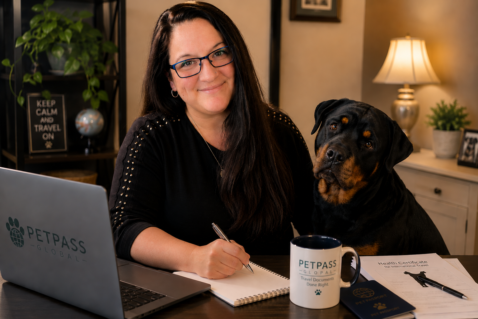 A woman with long dark hair, glasses, and hoop earrings sits at a desk with a Rottweiler dog. She is smiling, holding a pen, and writing in a notebook. On her desk are a laptop with PETPASS Global logo, a coffee mug, a black notebook, and a paper titled 'Health Certificate for International Travel.' In the background, there is a lamp, a potted plant, and a shelf with a sign that reads 'Keep Calm and Travel On.'