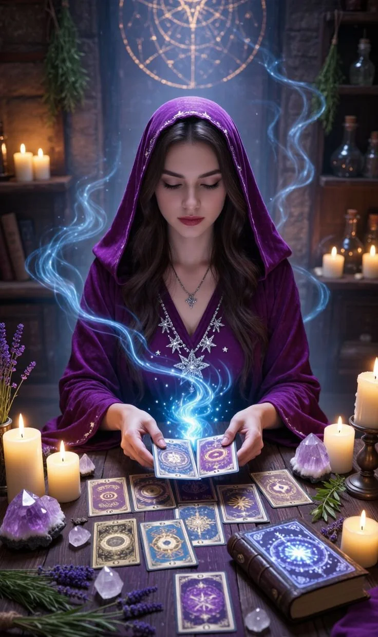 A young woman in a purple hooded robe is sitting at a table with tarot cards, crystals, and candles. She is holding an open tarot deck, and magical blue and purple swirls emerge from the cards. Behind her are shelves with more candles, books, and herbs, creating a mystical atmosphere.